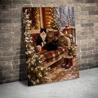 Snowy Porch Cat Wall Art, Christmas Cats Canvas, Comfy Cabin Holiday Cat Print, Winter Plaid Cat Canvas Art, Cat Lover Present Decor