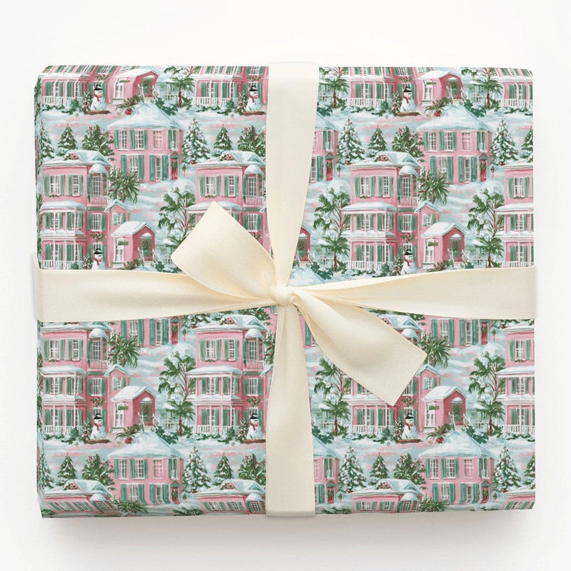 Pink Southern House Gift Wrap, Coastal Christmas Wrapping Paper, Palm Tree Holiday Wrapping Paper, Beach Xmas Gift Wrap, Winter Present Wrap