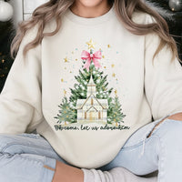 Watercolor Church Christmas Tree Crewneck, Oh Come Let Us Adore Him Sweatshirt, Christian Nativity Faith Holiday Pullover