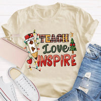 Festive Tree Lights Teacher Tee, Teach Love Inspire Christmas T-Shirt, Holiday Educator Shirt, Merry Christmas School Teacher Present