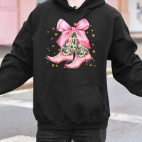 Pink Cowgirl Boots Holly Bow Hooded Sweatshirt, Western Christmas Hoodie, Preppy Holiday Rodeo Pullover, Coquette Christmas Sweater