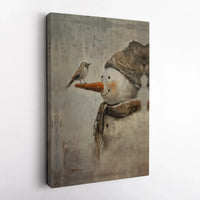 Winter Forest Bird Canvas Print, Rustic Snowman Canvas Wall Art, Whimsical Farmhouse Holiday Canvas Decor, Comfy Seasonal Christmas Present