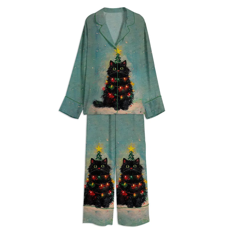 Long Sleeve Holiday Cat Pajamas, Black Cat Christmas Tree Satin Pajama Set, Winter Festive Kitten Sleepwear, Silky Cat Lover Xmas Present