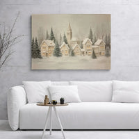 Winter Church Snow Scene Canvas Print, Snowy Christmas Village Canvas Wall Art, Holiday Landscape Wall Decor