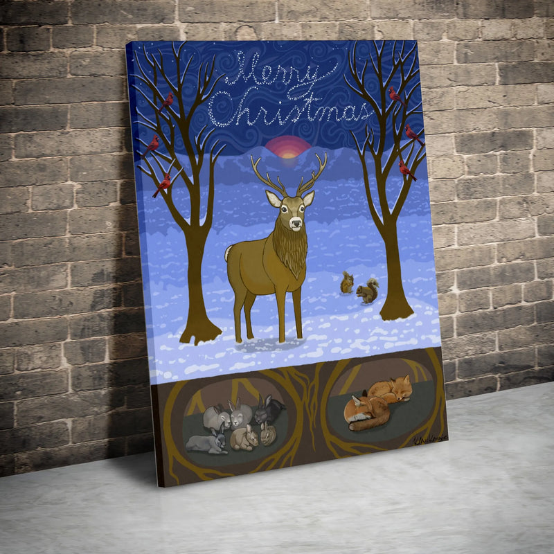 Winter Deer Forest Wildlife Canvas Print, Merry Christmas Woodland Animals Wall Art, Holiday Decor Poster, Printable Digital Download Present