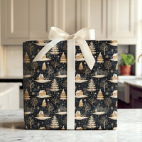 Forest Tree Holiday Gift Wrap, Golden Winter Cabin Wrapping Paper, Rustic Christmas Night Present Wrap, Dark Aesthetic Gift Wrapping Paper