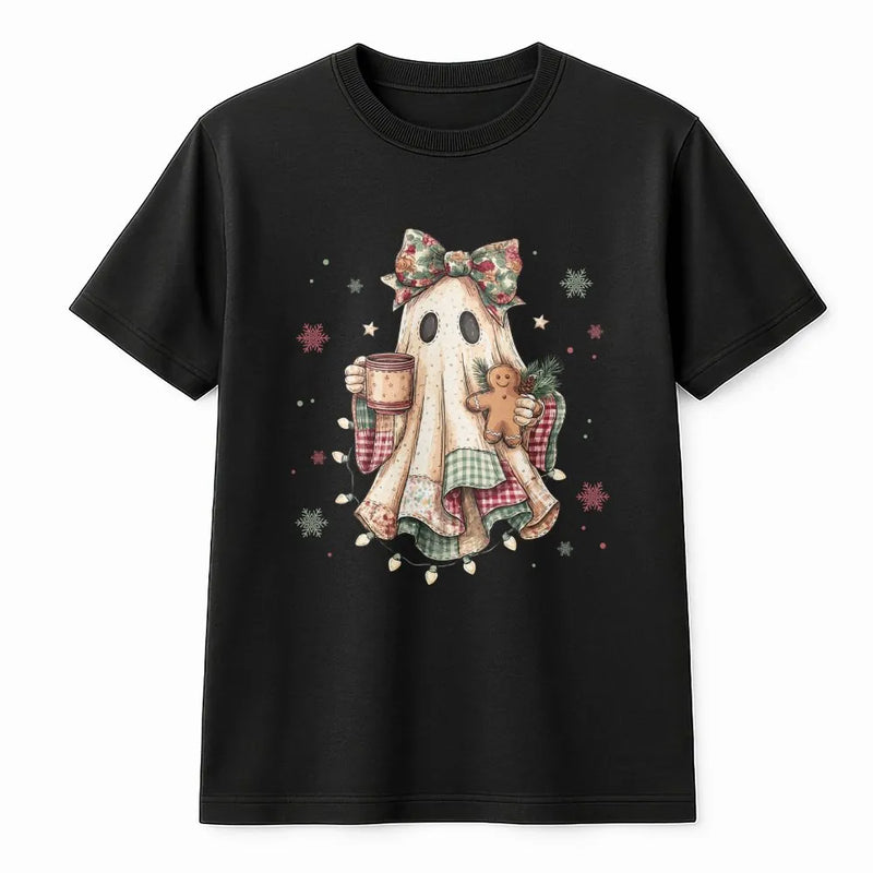Comfy Ghost with Hot Cocoa Tee, Christmas Ghost T-Shirt, Gingerbread Ghost Shirt, Vintage Watercolor Holiday Tee, Adorable Christmas Present