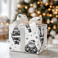 Black and White Christmas Gift Wrap Roll, Vintage Santa Wrapping Paper, Retro Santa Snowflake Present Paper, Holiday Sketch Gift Wrap Roll