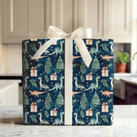 Watercolor Dino Gift Wrap, Navy Christmas Dinosaur Wrapping Paper, Winter Tree Holiday Dinosaur Wrapping Paper, Kids Gift Wrapping Paper