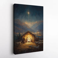 Holy Night Manger Silhouette Canvas Painting, Star of Bethlehem Nativity Scene Wall Art, Christmas Faith Poster, Printable Digital Download