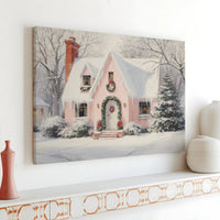 Snowy Winter Scene Art Print, Pink Christmas Cottage Canvas Wall Art, Comfy Holiday Cottage Wall Decor, Xmas Home Present Digital Download