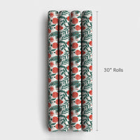 Holly and Pine Foliage Gift Wrap, Christmas Ornament Wrapping Paper, Red Berry Holiday Wrapping Paper, Classic Xmas Gift Wrap Roll