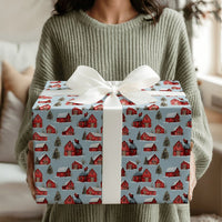 Rustic Red Farmhouse Gift Wrap, Winter Barn Christmas Wrapping Paper, Snowy Country Landscape Wrapping Paper, Holiday Festive Present Wrap