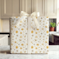 Celestial Snowflake Gift Wrap, Golden Star Christmas Wrapping Paper, Winter Holiday Gift Wrap Roll, Elegant Gold Star Present Paper