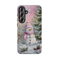 Winter Forest Snowy Landscape Phone Case, Whimsical Pink Snowman Samsung Phone Case, Dual Layer Tough Phone Cover, Christmas Holiday Present