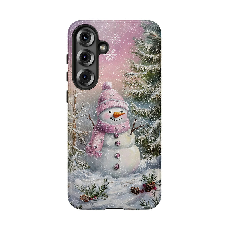 Winter Forest Snowy Landscape Phone Case, Whimsical Pink Snowman Samsung Phone Case, Dual Layer Tough Phone Cover, Christmas Holiday Present