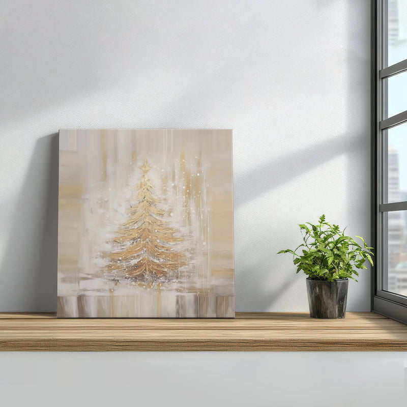 Painterly Snowy Pine Star Print, Golden Christmas Tree Canvas Wall Art, Neutral Holiday Digital Download, Seasonal Wall Decor Present
