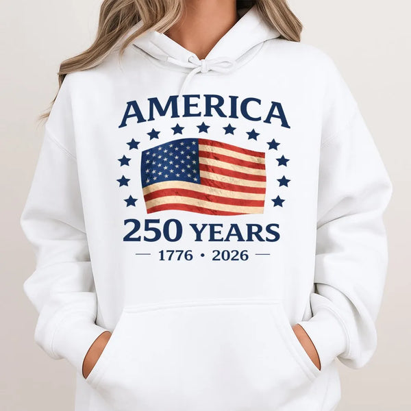 America 250 Years Hoodie | Vintage USA Flag 1776-2026 Anniversary Design | Soft Cotton-Polyester Blend | Patriotic Gift for History Lovers
