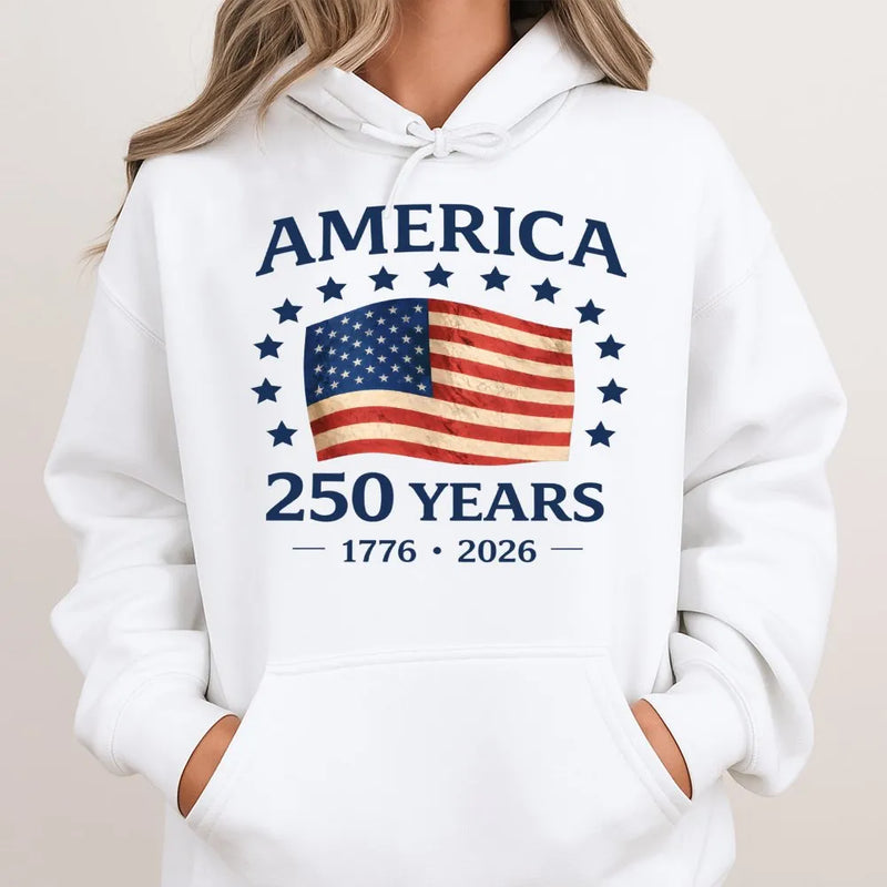 America 250 Years Hoodie | Vintage USA Flag 1776-2026 Anniversary Design | Soft Cotton-Polyester Blend | Patriotic Gift for History Lovers