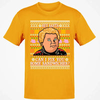 Ugly Christmas Sweater Graphic Tee, Hey Santa Can I Fix You Some Sandwiches T-Shirt, Humorous Holiday Movie Quote Shirt, Xmas Present