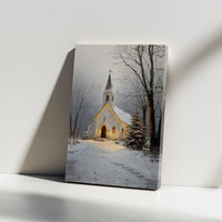 Snowy Christmas Landscape Canvas Print, Winter Church Canvas Wall Art, Country Chapel Holiday Scene Canvas Decor, Digital Download