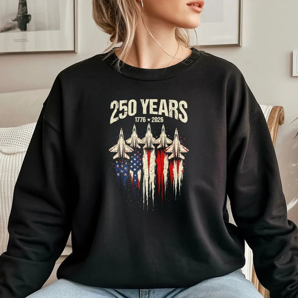 America 250 Years T-Shirt | Vintage Fighter Jet American Flag Graphic | Premium Cotton | Collector's 4th of July Gift for Patriots