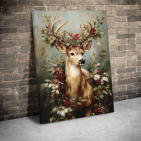 Rustic Woodland Deer Print, Christmas Deer Canvas Wall Art, Holly Berry Vintage Oil Painting Poster, Holiday Wall Decor Digital Download