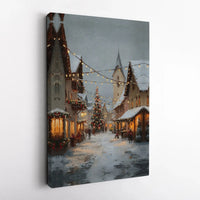 Winter Market Painting Style Print, Christmas Village Snowy Street Canvas Wall Art, Warm Glow Holiday Poster, Digital Download Festive Decor