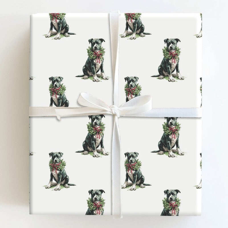 Black Pitbull Holiday Wreath Gift Wrap, Pit Bull Christmas Wrapping Paper, Dog Lover Christmas Wrapping Paper, Adorable Dog Holiday Gift Wrap