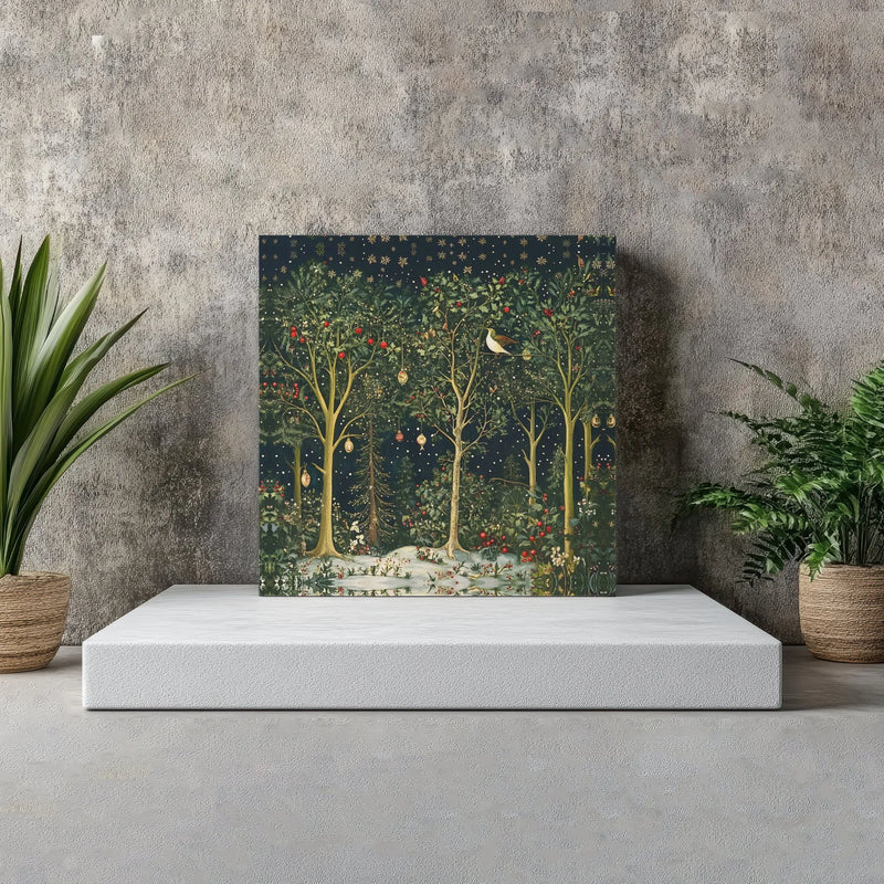 Snowy Woodland Berries Holiday Print, Enchanted Winter Forest Square Canvas Wall Art, Christmas Tree Canvas Poster, Seasonal Decor