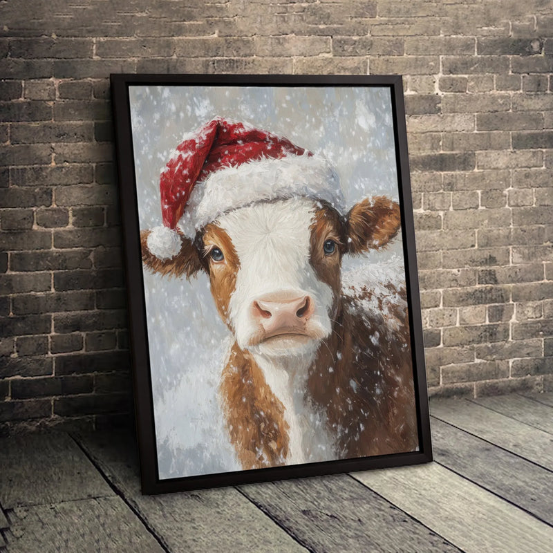 Farmhouse Winter Animal Canvas Print, Christmas Cow Canvas Wall Art, Rustic Holiday Cow Canvas Decor, Festive Farm Wall Decor, Farm Present