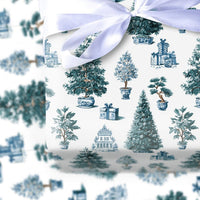 Blue and White Holiday Gift Wrap, Chinoiserie Christmas Wrapping Paper, Porcelain Style Tree Wrapping Paper, Elegant Winter Gift Wrap Roll