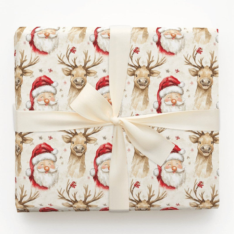 Adorable Christmas Gift Wrap, Watercolor Santa and Reindeer Wrapping Paper, Holiday Snowflake Wrapping Paper, Festive Winter Gift Wrap Paper