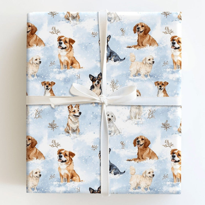 Snowy Winter Puppy Gift Wrap, Watercolor Dog Wrapping Paper, Light Blue Pet Lover Wrapping Paper, Holiday Christmas Dog Wrapping Paper Roll