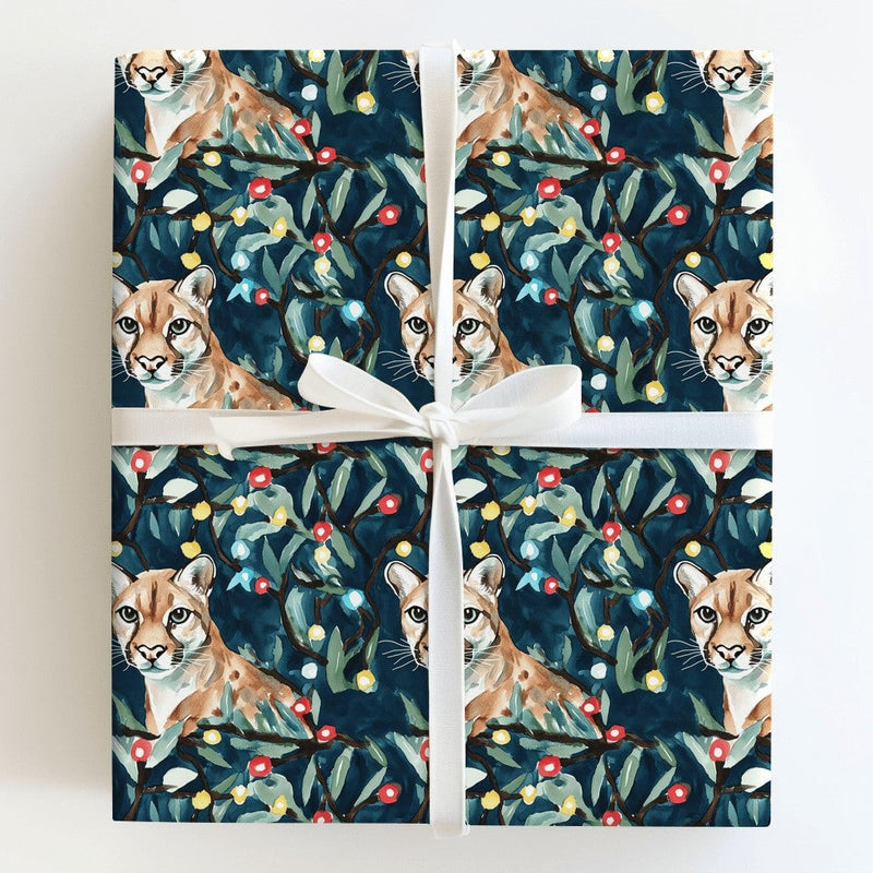 Christmas Mountain Lion Gift Wrap, Watercolor Cougar Wrapping Paper, Holiday Wildlife Present Wrap, Winter Forest Christmas Wrapping Paper