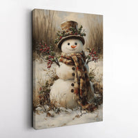 Vintage Winter Holiday Canvas Wall Art, Rustic Snowman Canvas Print, Farmhouse Christmas Canvas Painting, Festive Seasonal Decor Present