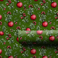Red Ornaments Gift Wrap, Vintage Christmas Wrapping Paper, Dark Green Holiday Wrapping Paper, Botanical Winter Xmas Gift Wrapping Paper Roll