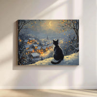 Snowy Winter Night Village Scene, Christmas Black Cat Canvas Wall Art, Comfy Holiday Kitten Print, Xmas Present Digital Download Decor