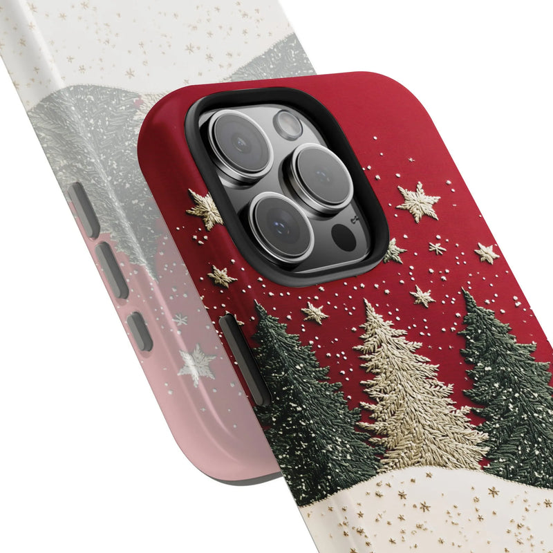 Winter Forest Snowflake Phone Case, Christmas Tree Phone Case for iPhone, Red Holiday Pattern Phone Cover