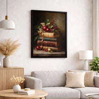 Holly Berries and Books Canvas Art, Vintage Christmas Still Life Canvas Print, Winter Holiday Wall Art, Festive Christmas Canvas Decor Present