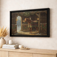 Snowy Farmhouse Canvas Print, Christmas Horse Stable Canvas Wall Art, Equestrian Winter Wall Decor, Country Barn Canvas, Holiday Home Present
