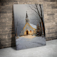 Snowy Christmas Tree Canvas Print, Winter Church Canvas Art, Rustic Country Chapel Canvas Wall Decor, Holiday Home Religious Present