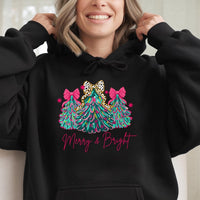 Adorable Tree with Pink Bows Graphic Sweatshirt, Merry & Bright Christmas Hoodie, Girly Holiday Pullover Hoodie, Festive Winter Hooded Sweater