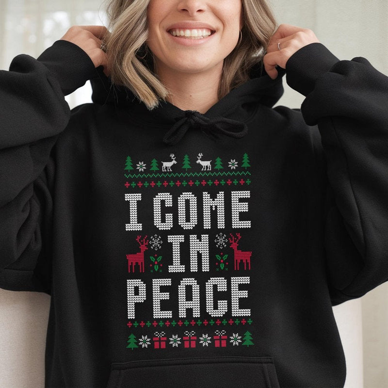 Ugly Christmas Sweater Hoodie, I Come in Peace Hoodie, Humorous Alien Xmas Graphic Sweatshirt, Retro Holiday Season Pullover, Unisex Xmas Present