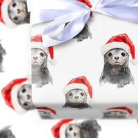 Santa Hat Pup Holiday Gift Wrap, Baby Seal Christmas Wrapping Paper, Adorable Winter Animal Wrapping Paper, Festive Ocean Theme Wrapping Paper