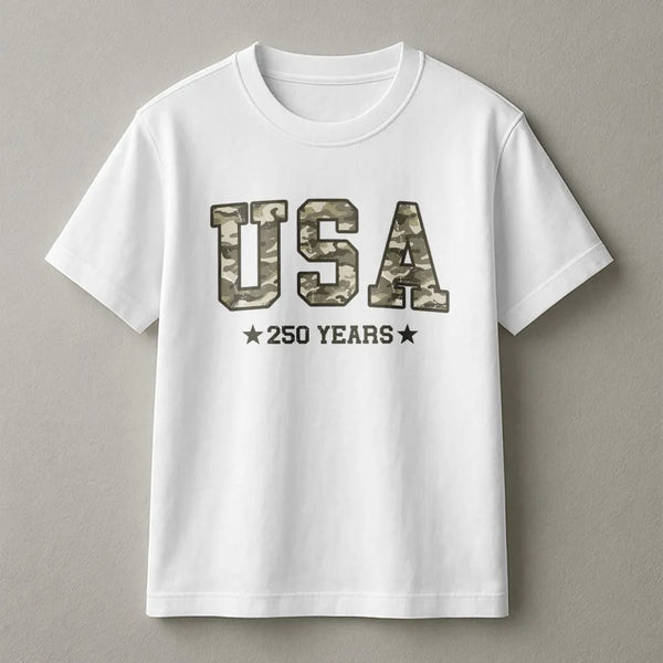 Camo USA T-Shirt | 250 Years America Patriotic Design | Soft 100% Cotton Unisex Tee | 4th of July Gift for Patriots