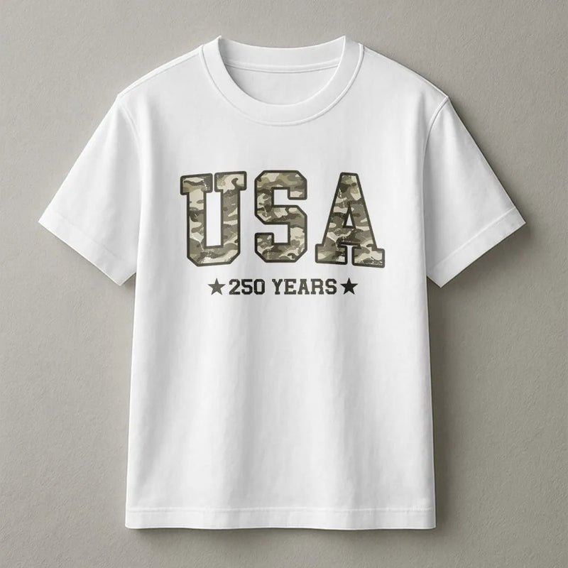 Camo USA T-Shirt | 250 Years America Patriotic Design | Soft 100% Cotton Unisex Tee | 4th of July Gift for Patriots