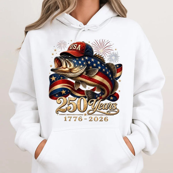 USA 250 Years Bass Fish Hoodie | Patriotic American Flag Fishing Art with Fireworks | Soft Cotton-Poly Blend Comfort | Gift for Fishing and Americana Fans