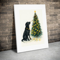 Watercolor Holiday Dog Lights Poster, Black Labrador Christmas Tree Canvas Art, Festive Pet Decor Print, Digital Download Present