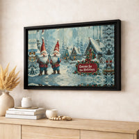 Snowy Christmas Village Canvas, Gnome for the Holidays Canvas Print, Winter Landscape Canvas Wall Art, Holiday Gnome Painting, Xmas Decor